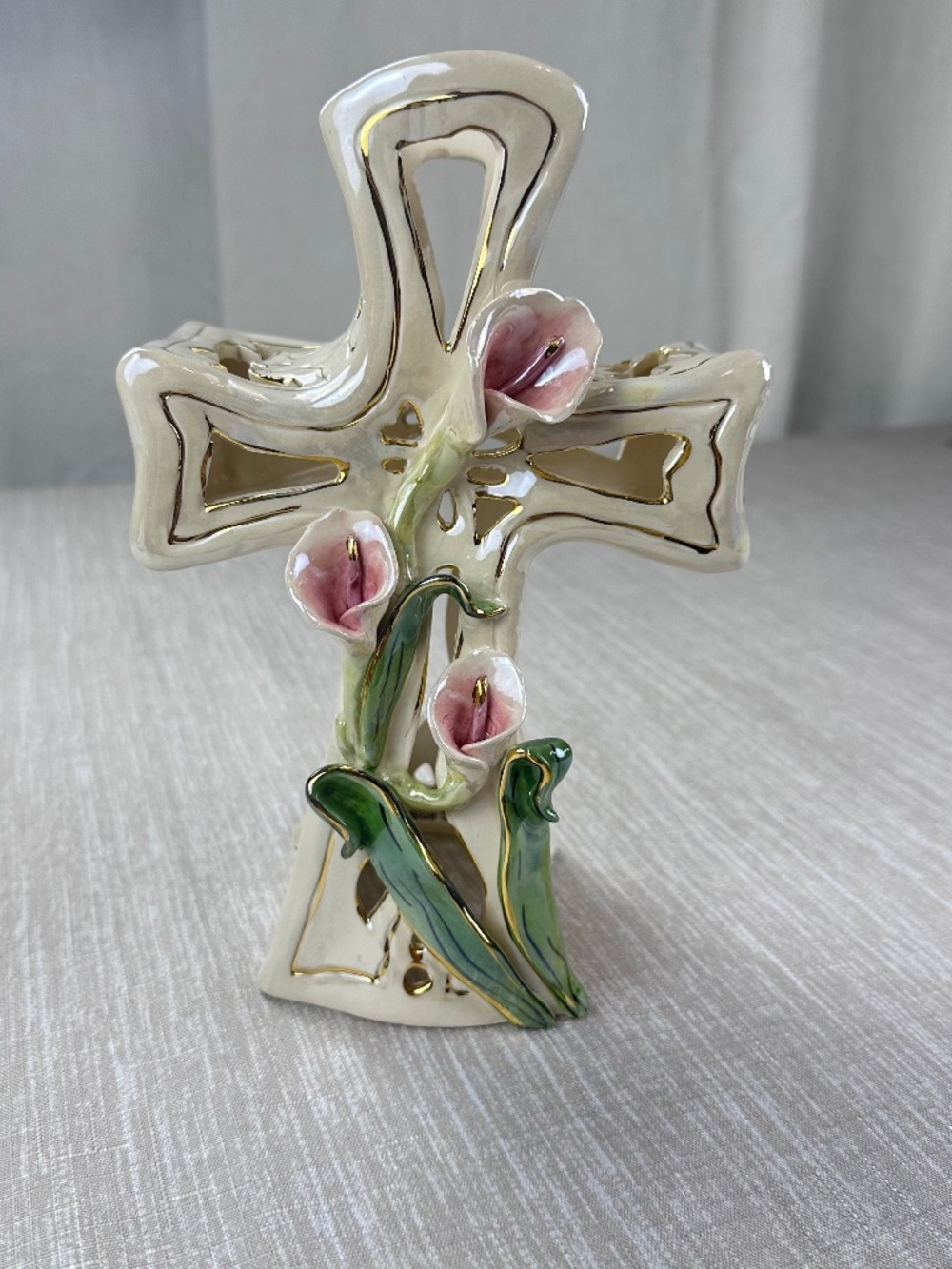 Blue Sky Heather Goldminc Calla Lily Cross Tealight Holder 2002 Ceramic Easter